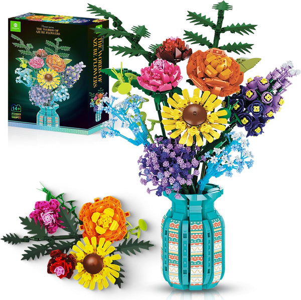 ZONECYTD Flowers Bouquet Toys Building Blocks Set with Vase, Roses, Sunflower, Hyacinth, Hydrangea,