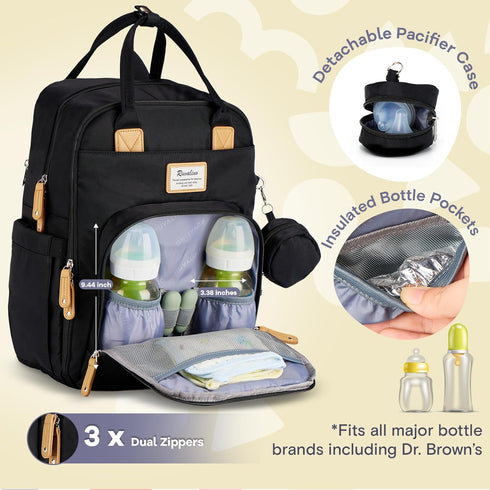 Backpack, Pack RUVALINO Diaper Bag Multifunction Travel Maternity Baby Changing Bags, Large Capacity, Waterproof, Black