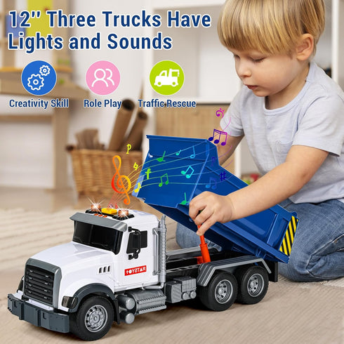 YHXKJ 3 Pack 12'' Set,Transport 3 4 5 6 7 Large Trucks Toy Tow Truck Toy & Dump Trucks and Car Carrier Truck Toys
