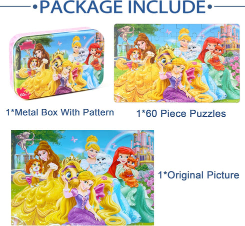 LELEMON Puzzles for Kids Ages 4-8, 60 Piece Educational Learning Puzzle Games in a Metal Box for Boys and Girls