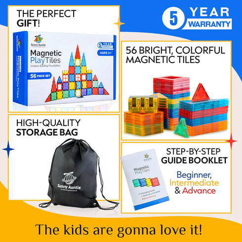 Magnetic Tiles 56 PCS - Building Set for Kids 3-8 Years Old, STEM Magnetic Blocks Toy