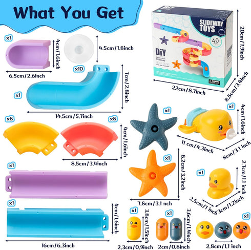 GQIRIL 40PCS Sets, 3-5 Baby Bath Toys for Toddler - Bathtub Slide Track with Suction Cups, DIY Shower Time Duck