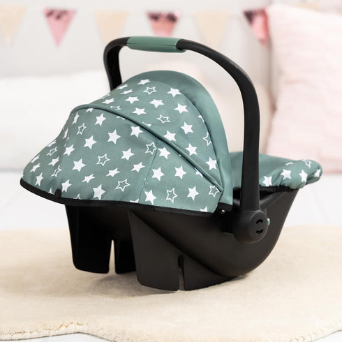 18" Bayer Design Reborn Baby Doll Car Seat with Sun Shade Canopy - Grey-Green Stars, Portable Doll Carseat for Dolls