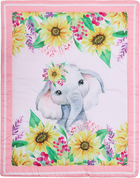 CribMATE Set 3 28'' 52 Pink Floral Elephant Crib Bedding for Girls Pieces Quilt - Fitted Sheet - Skirt x ''