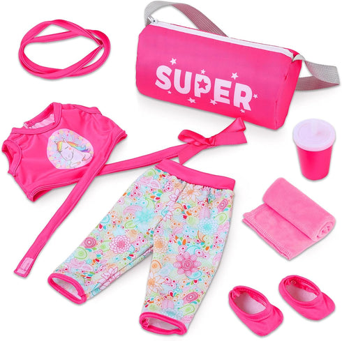 18 inch 7-Piece Set American Doll Gymnastics Doll Yoga Outfit , Pink Pony Design with Accessories, Sports Bag