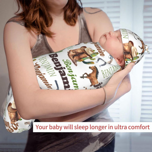 Kegono Set Personalized Cowboy Swaddle Blanket Boy Girl Newborn Essentials,Custom Baby Cowboy Swaddle Blanket and Hat