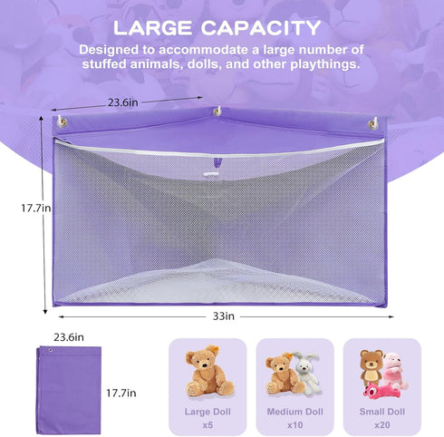 ANROYE Large Corner Stuffed Animal Storage, Purple Wall Hammock for Kids Plushies Toy Organizer