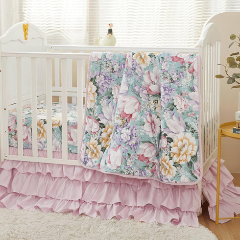 100% Brandream Crib Bed Skirt Dust Ruffle Triple Layer Egyptian Cotton Sateen Silky Pink Purple Ruffled Baby Girls