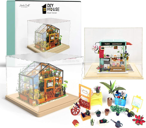 Hands Craft Miniatures Dollhouse Display Case | Acrylic Dust Cover & Wooden Base | Protective, Dust-Free Display |