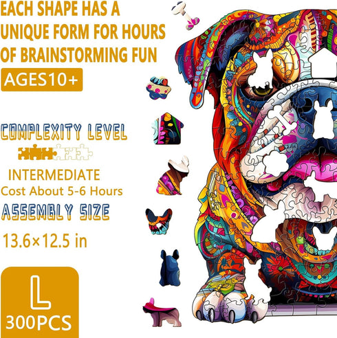 300 13.6 12.5in Wooden Puzzles for Adults - Advanced Bulldog Wood Puzzle, Unique Shape Wooden Jigsaw Puzzles