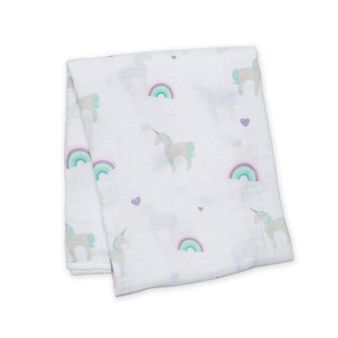Lulujo Baby 100% Cotton Muslin Swaddle Blanket, 47 x 47-Inches, Rainbows and Unicorns Design