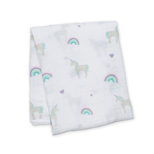 Lulujo Baby 100% Cotton Muslin Swaddle Blanket, 47 x 47-Inches, Rainbows and Unicorns Design