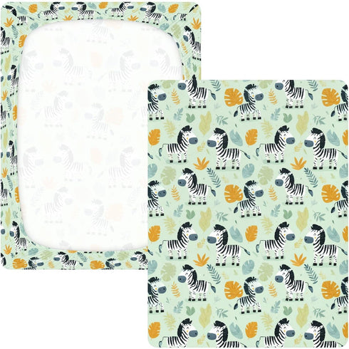 miaozhen 1 Pack 52x28 Cotton Baby Crib Sheets for Boys Girls Soft Comfy Funny Jungle Zebras Green Playard Mattress