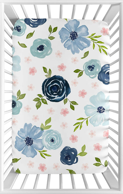 Sweet Jojo Designs Navy Blue and Pink Watercolor Floral Fitted Mini Crib Sheet for Baby Nursery, Blush, Green, White