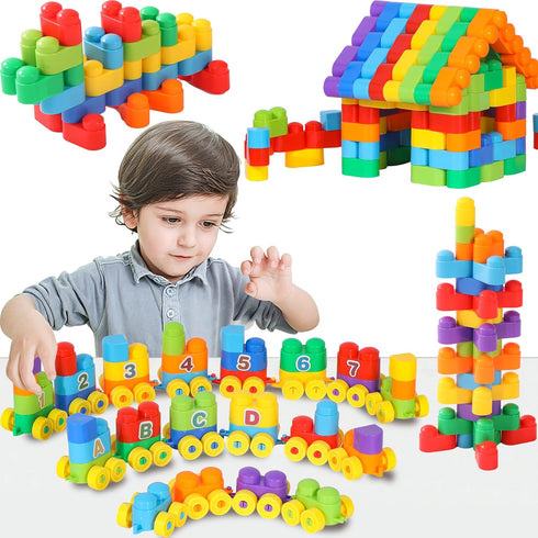 RAINBOW TOYFROG Building Blocks Toys for Toddlers–Educational Development STEM Toys–Safe Skill Building Toys for Boys&Girls – Set of 74pcs with Alphabet &Umber Stickers – Included Storage Bag