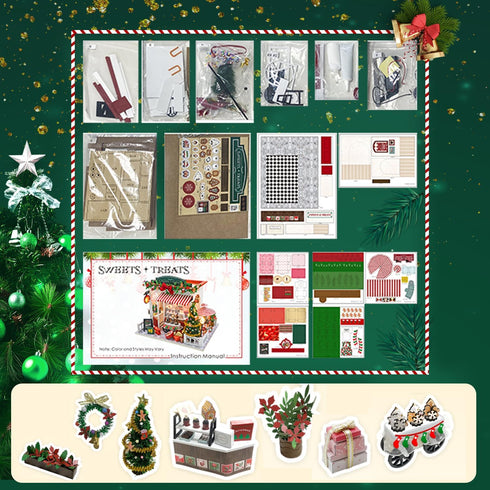 Yeconire Set, 3D Christmas Miniature Dollhouse Kits, DIY Miniature House Kit, Tiny House with LED, Christmas Village