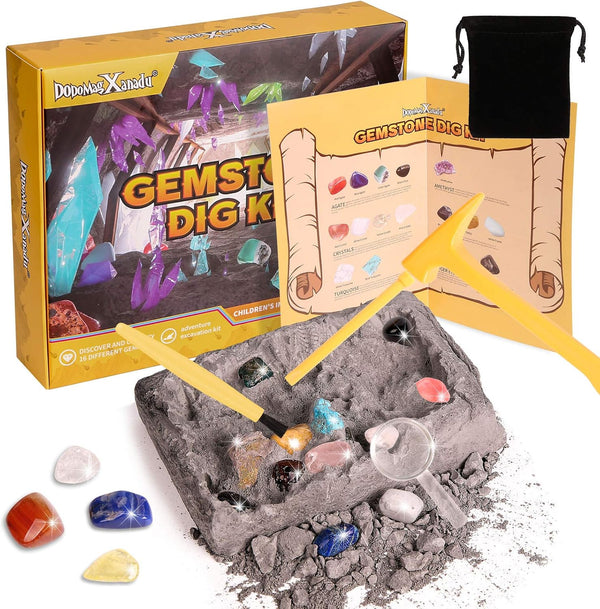 Gemstone Dig Kit - 16 Real Gem Stones Excavation STEM Educational Toys for Boys and Girls