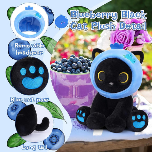 Plush,8inch Black Cat Blueberry Cat Stuffed Animals for Kids Cartoon Cats Plush, Cute Kitten Stuffy Gift for Kids Girl