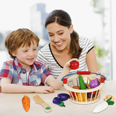 Victostar Magnetic Wooden Cutting Fruits and Vegetables Play Toy Set with Basket