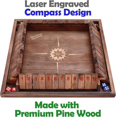 12 Inches 4 12 Sterling Games Shut The Box Game for Players, Family Dice Game with Numbers Box, Nautical Themed Large