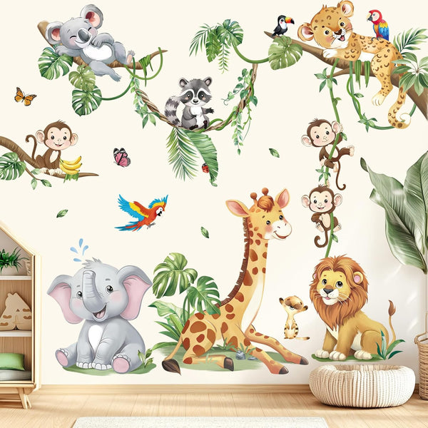 decalmile Safari Animals Tree Branch Wall Stickers Jungle Animals Giraffe Elephant Leopard