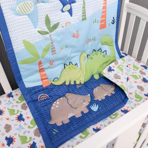 CribMATE 2 Pieces Blue Dino Fitted Crib Sheet for Boys - Blue Green Dinosaur Baby Boy Fitted Crib Sheet