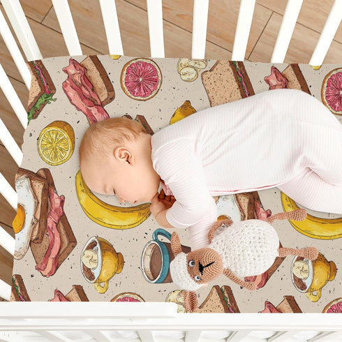 Pigsaly 27x39 Inch Crib Sheets Grunge Fruits Coffee Eggs Bacon Baby Sheet for Standard Crib Mattress Boys Girls Toddler