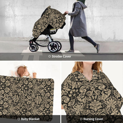 Hcpwzrf Black and Tan Damask Pattern Baby Car Seat Cover & Nursing Cover - Breathable Stretch Multi-Use Cover