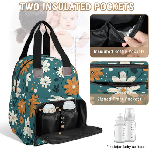 Shoblo Backpack Retro Daisy Flowers Diaper Bag for Travel, Waterproof Diaper Bag with Insulated Bottle Pockets & USB