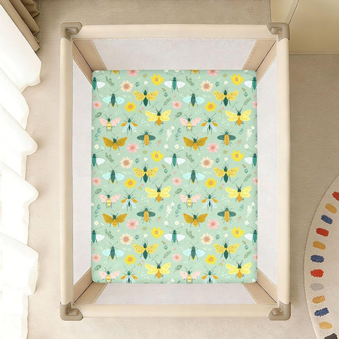 miaozhen 1 Pack 52x28 Cotton Baby Crib Sheets for Boys Girls Ultra Soft Funny Grassland Insect Spring Green Playard