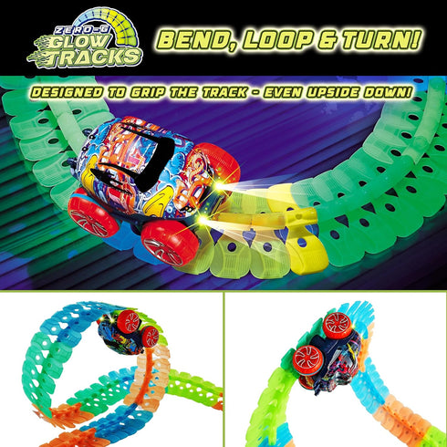 USA Toyz Zero-G Glow Race Track for Kids - 210pcs Glow in the Dark Flexible Race Car Track Set with Suction Cups, Slot