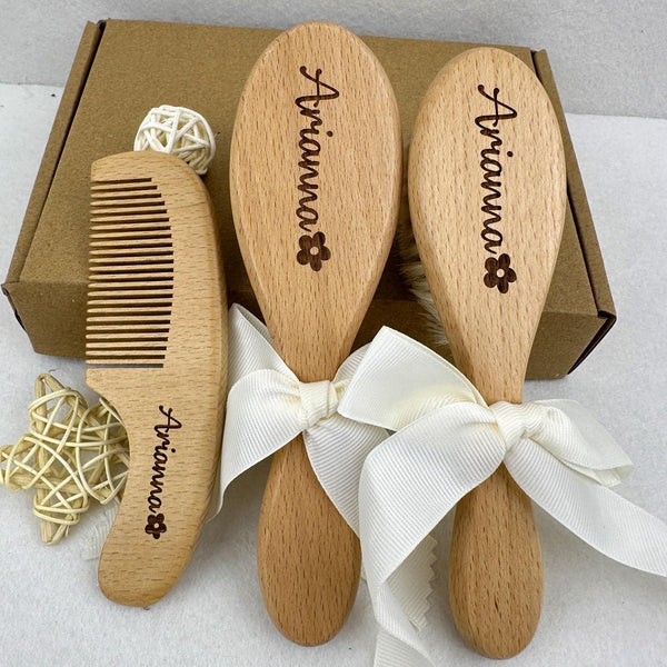 BMVDD Custom Engraved Wooden Baby Hairbrush Set, 3Pcs Natural Comb with Logo, Shower
