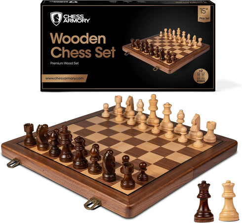 Chess Armory Premium Chess Set - Wooden Board Game with Portable Wood Case, Secure Storage for Kids and Adults (Walnut