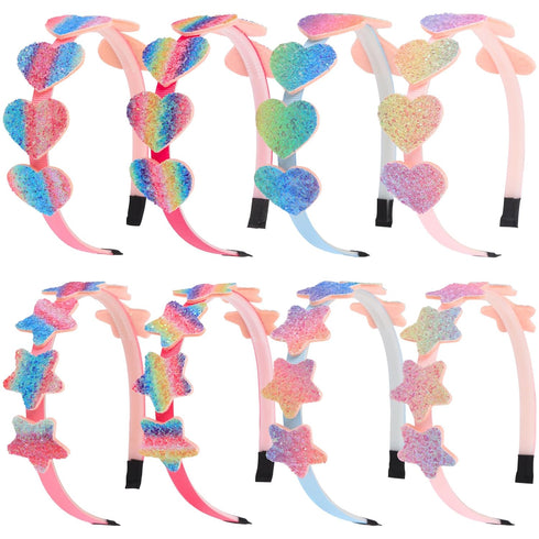 XIMA Glitter Heart Girls Headbands, Rainbow Star Hair Accessories, Pack of 8