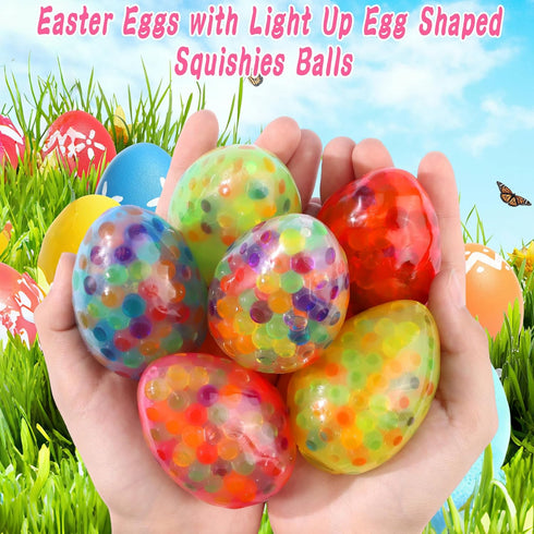 FLYSNK 18 Pack Plastic Easter Eggs Filled with Light Up Fidget Stress Balls, Glow in The Dark Egg Shape Squeeze Balls