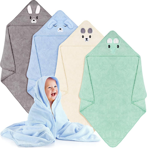 Preboun 4 Pcs Baby Bath Towel Coral Fleece Baby Hooded Towel Absorbent