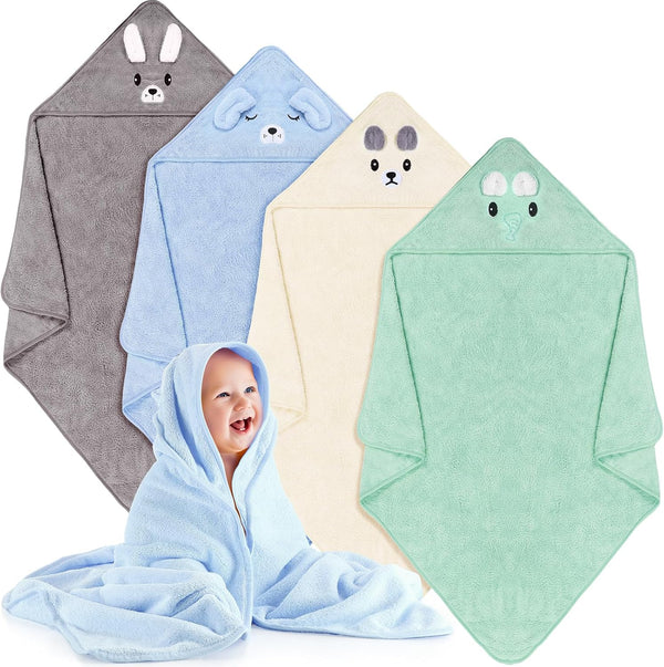 Preboun 4 Pcs Baby Bath Towel Coral Fleece Baby Hooded Towel Absorbent