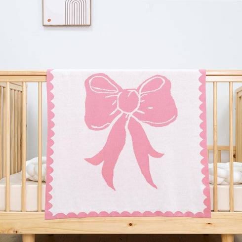 Personalized Name Knit Baby Blanket Custom Woven Bow Design Soft Minimal Comfort Throw for Newborn Infant Toddler