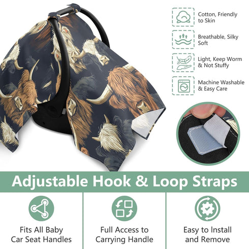 Mazeann Vintage Highland Cow Car Seat Cover Baby Breathable Soft Infant Carseat Covers Canopies Babies Carrier Covers