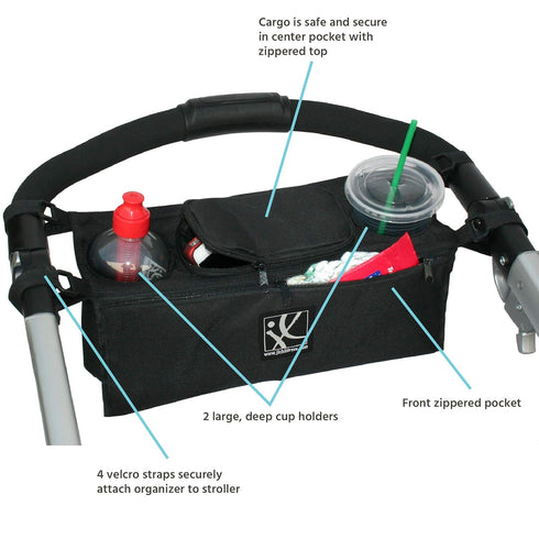 J.L. Childress Sip 'n Safe, Universal Stroller Organizer with Deep Cup Holders, Zippered Compartments and Secure Pockets, Easy Attach Straps, Black