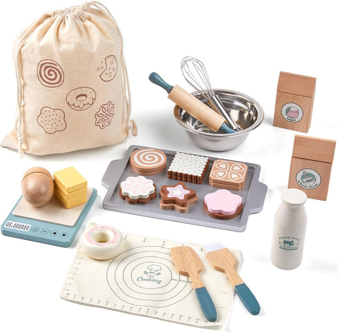 Toywoo Wooden Play Food Sets for Kids, Pretend Play Kitchen Accessories with Shopping