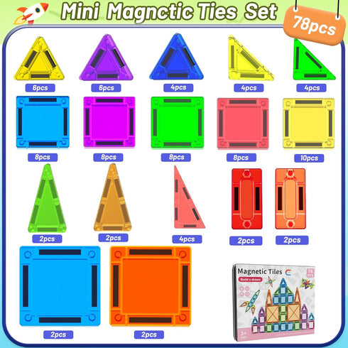Tiles,78PCS Set 3+,Car Mini Magnetic Travel Magnetic Tiles with Iron Box,Portable Building Blocks for Kids Ages