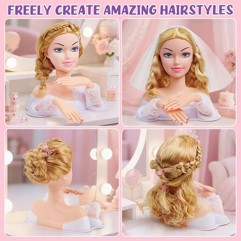Set, 3 4 5 6 7 8+ Toylink Doll Head for Hair Styling Kids Makeup Blonde Bride Beauty Stylist Pretend Play Toy