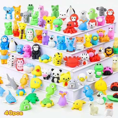Kleeblatt 40Pcs Animal Erasers, Desk Pets for Kids, Assembled 3D Puzzle Erasers, Classroom Prizes