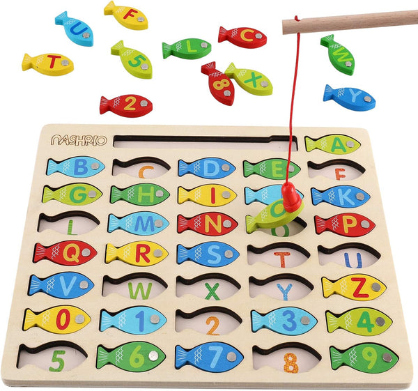 Magnetic Wooden Fishing Game Toy for Toddlers, Alphabet Fish Catching Puzzle for Preschool Learning ABC Math
