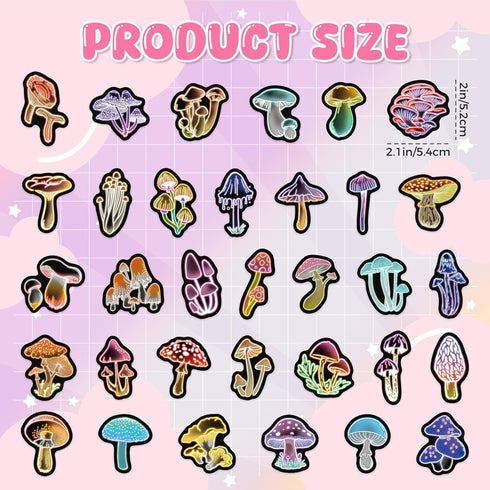 50 Pcs Fantasy Neon Mushroom Water Bottle Stickers, Waterproof Vinyl Mushroom Plant Laptop Decals, Teens Students