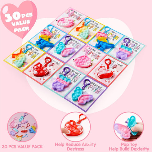 30 Packs JOYIN Valentine's Day Gift Cards with Pop Fidget Keychain Toys, Stress Anxiety Relief Fidget Toys with Cards
