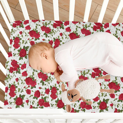 Vdsrup 39 27 5In Crib Sheets for Boys Girl Red Roses Green Leaves Neutral Mini Crib Mattress Sheets Fitted, Toddler