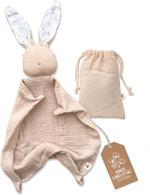 Mikito Organic Cotton Baby Muslin Lovey Bunny, Oeko-TEX & GOTS Certified, Security Blanket, Perfect Loveys for Babies