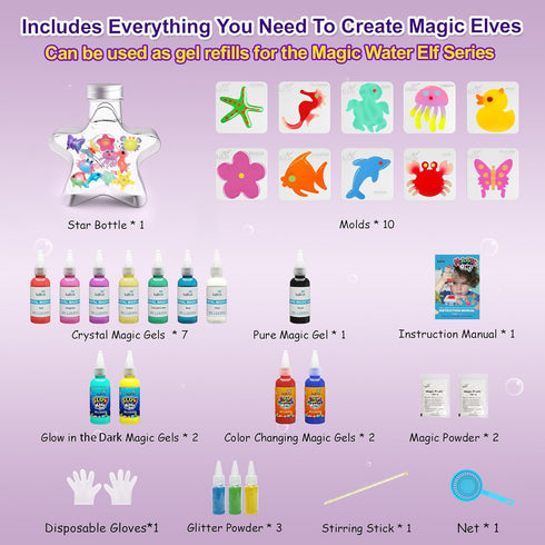 Kids,12 Gels+10 Molds&1 3+ Kiditos Magic Water Elf Toy KitSquishies for Bottle, Magic Gel Water Pets Sensory Toy, Fun
